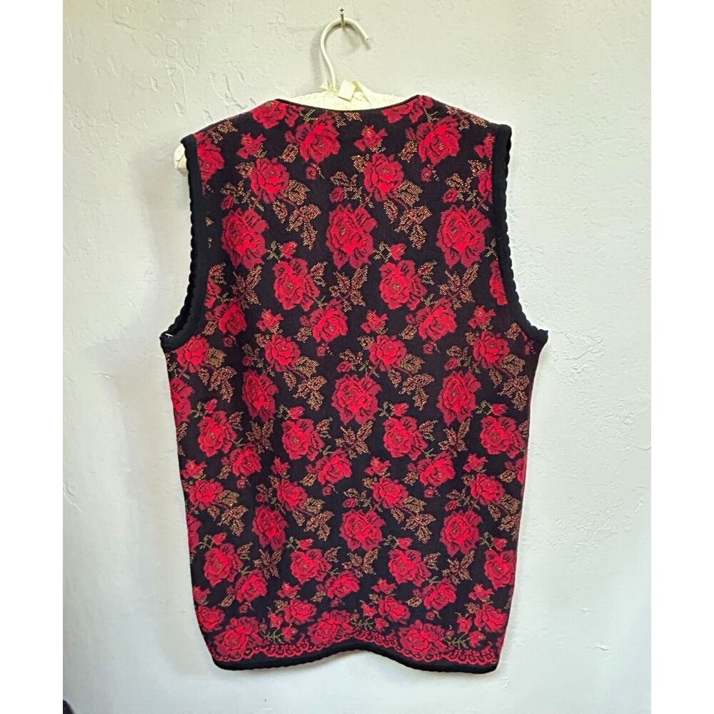 Zing Kai Womens Medium Red/Black Floral Vest Button Front V-Neck Scalloped Trim